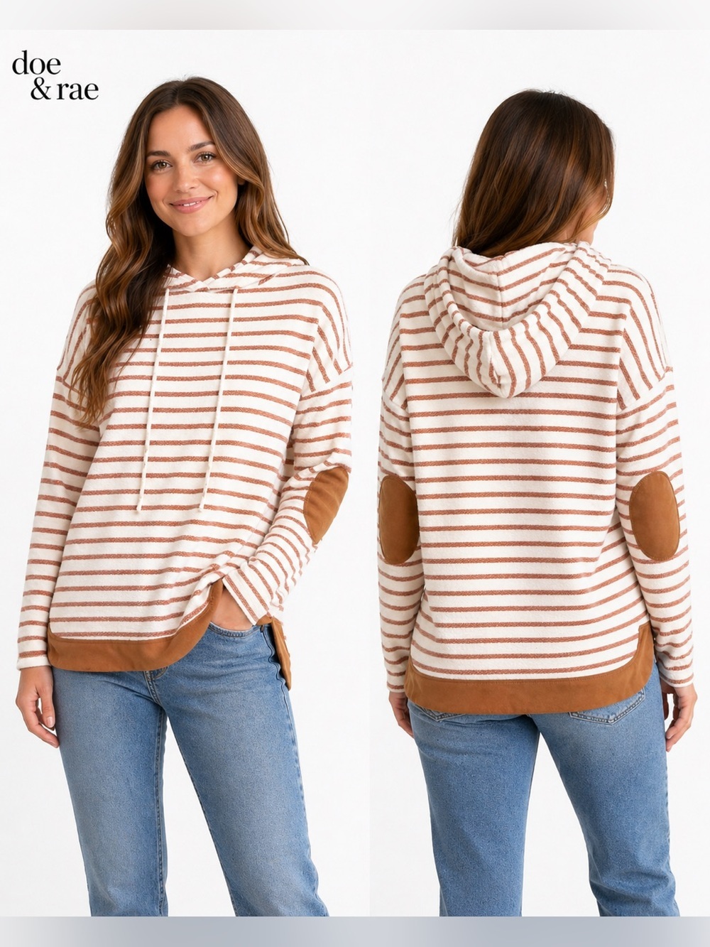 Doe & Rae Women’s Large Striped Cotton Terry Cloth Hoodie‎ Pullover